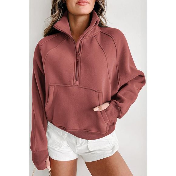 Azura Exchange  Brown Zip Up Stand Collar Ribbed Thumbhole Sleeve Sweatshirt - Picture 6 of 6